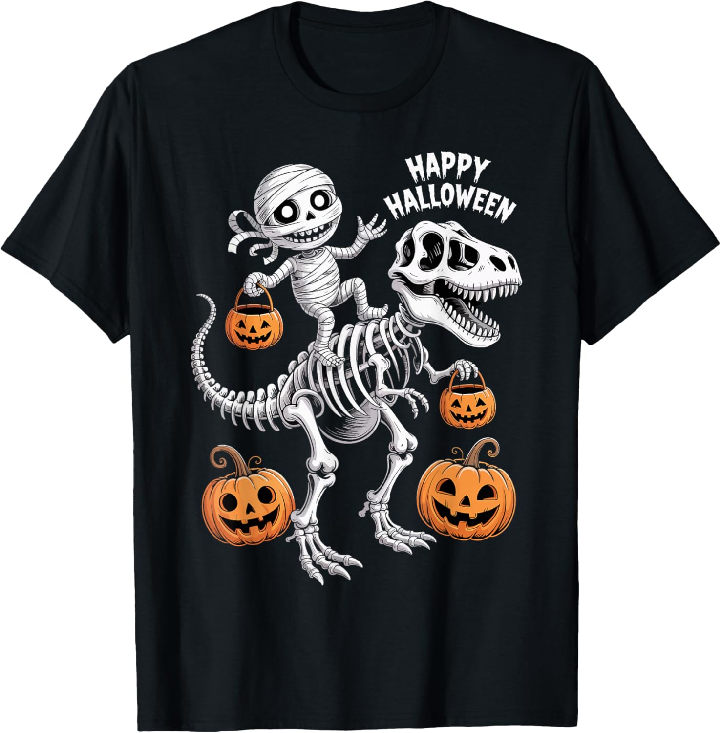 Happy Halloween Mummy on a T-Rex Skeleton
