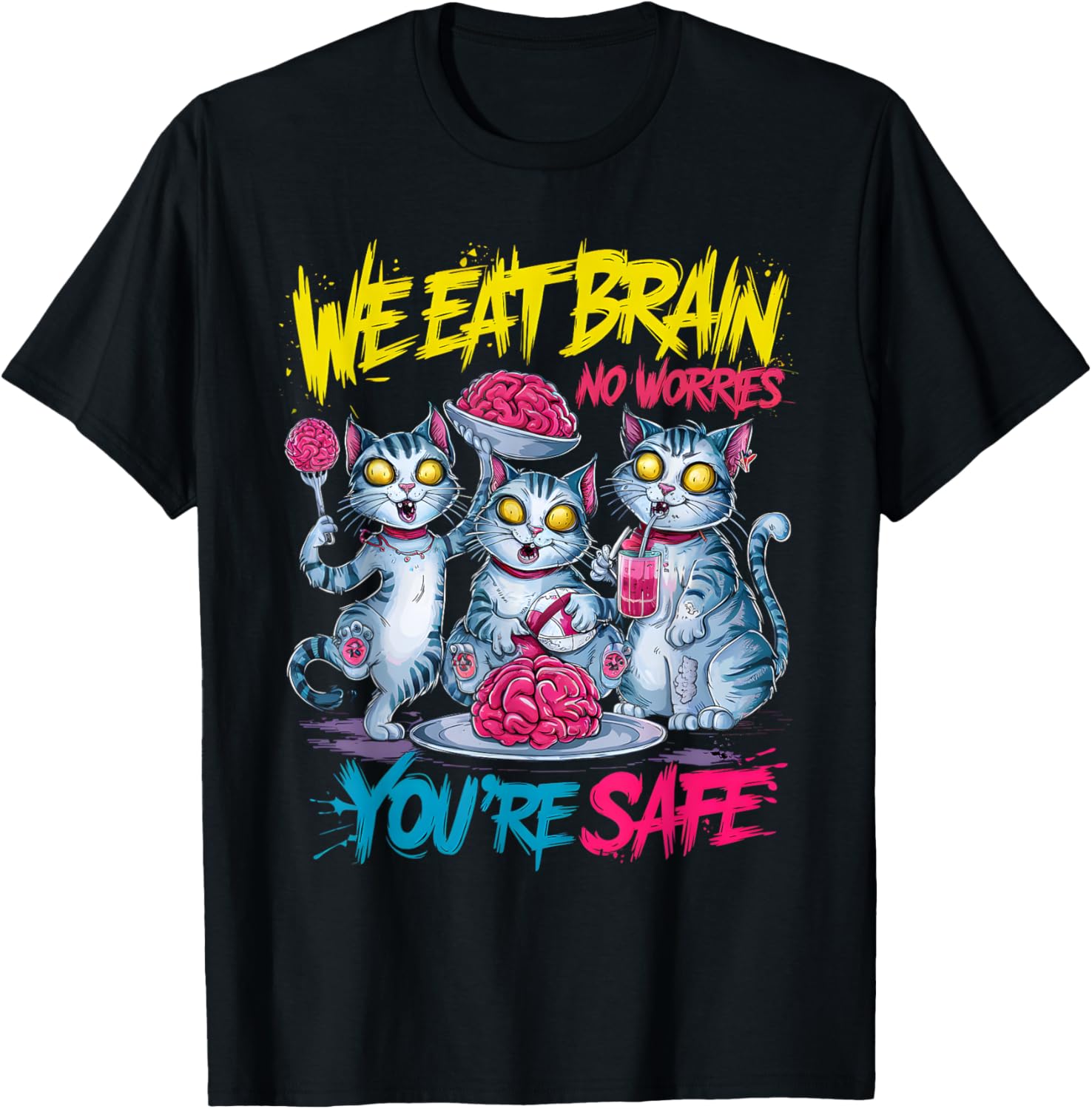 Halloween Cat Zombie We Eat Brain No Worries You're Safe